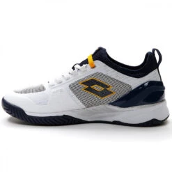 Lotto Men’s Mirage 200 Speed Tennis Shoes (White/Navy Blue/Saffron) -Sports Gear 213627 8SQ lotto mens mirage 200 speed tennis shows white navy blue saffron left 1000 1000