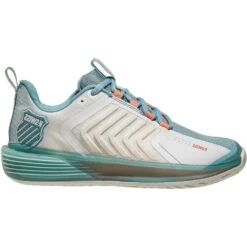 K-Swiss Women’s Ultrashot 3 Tennis Shoes (Blanc De Blanc/Nile Blue/Desert Flower)